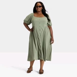 NWT Olive Balloon Short Sleeve Button-Up Midi Dress Size 2X